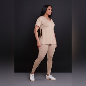 Swank Open Mind Side Slit Short Sleeve Legging Set‎ Khaki NWT packaging S/M Nwt